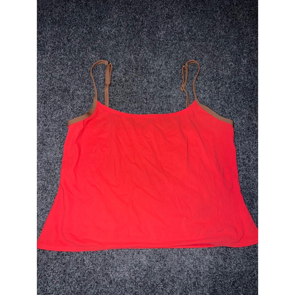 J.Crew Neon Coral Pink Tankini Swim Top Brown Trim Size L